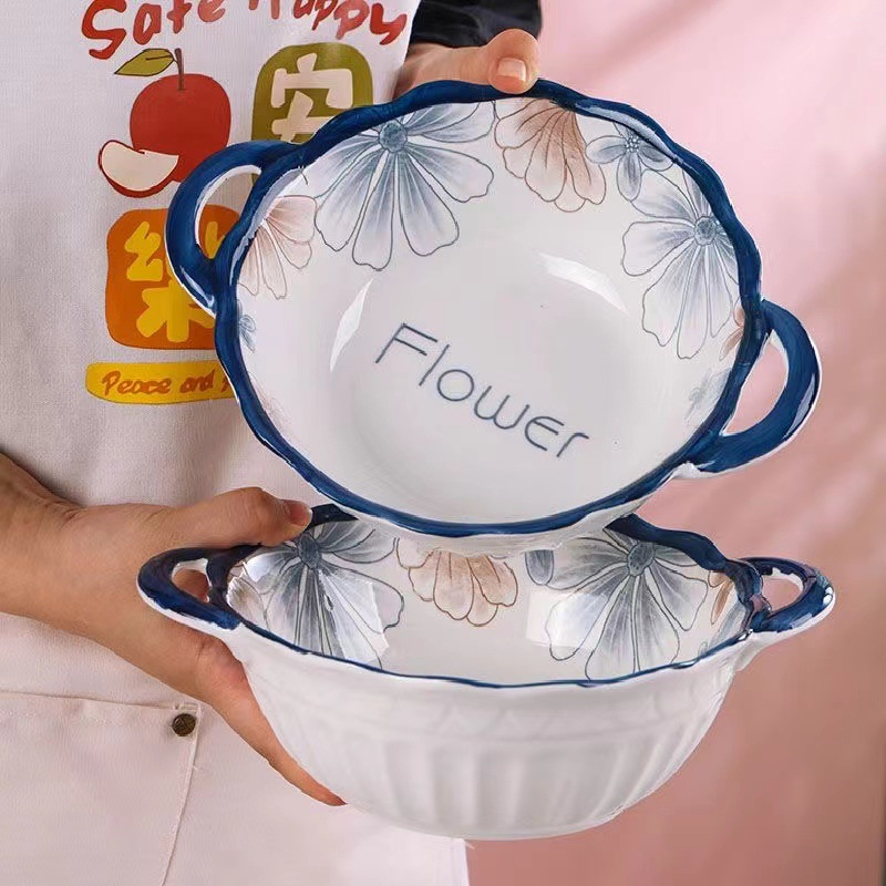 10"Food Bowl with Hands blue Pad Printing Stoneware Porcelainware Tableware