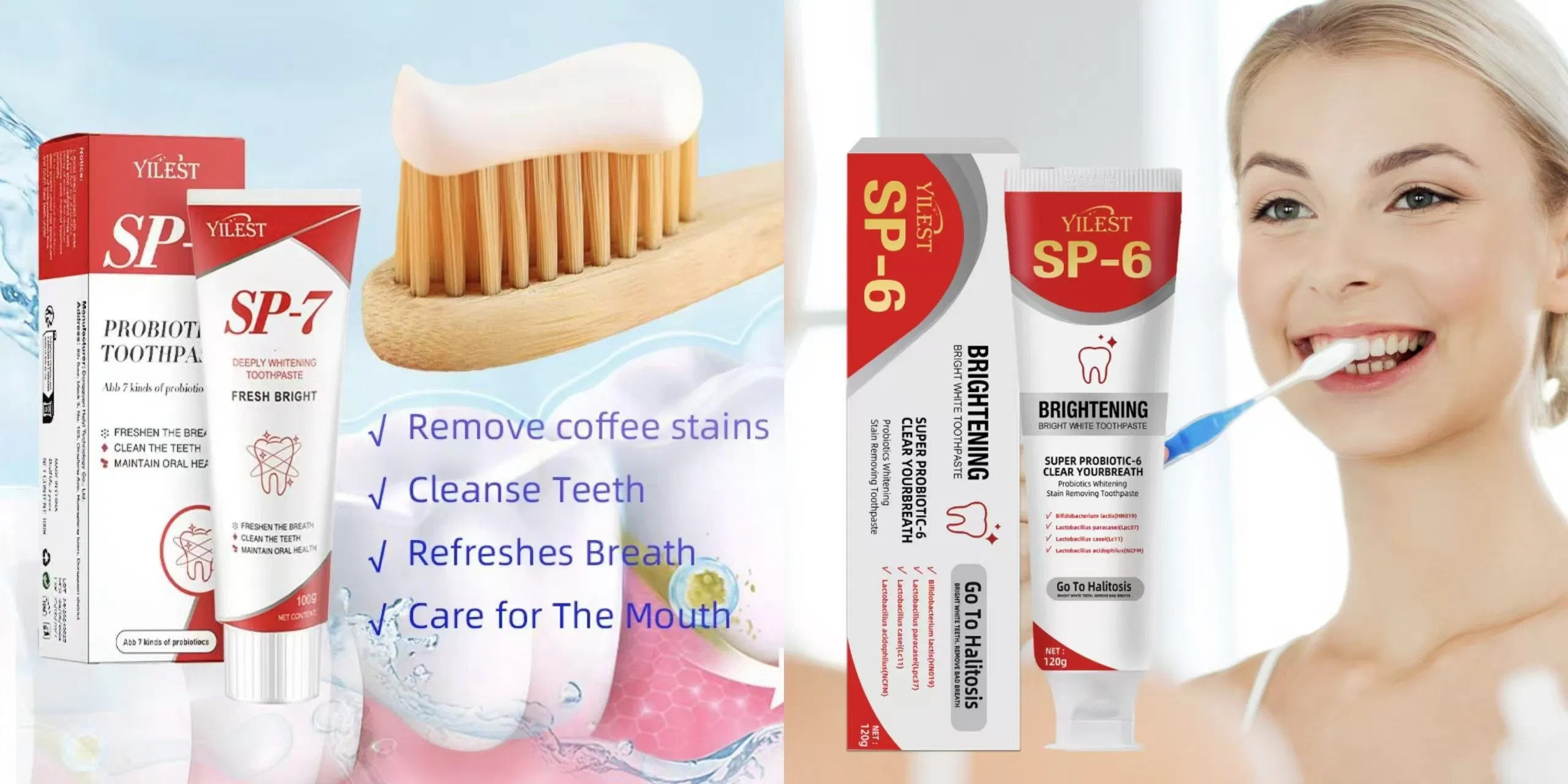 Online Wholesale and Retail Probiotic Toothpaste Sp-6 and Sp-7 Brightening Whitening Toothpaste Protect Gums Fresh Breath Mouth Teeth Cleaning Health Tooth Care