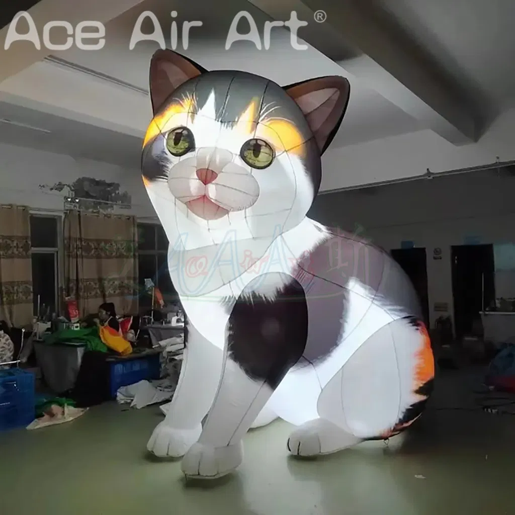 Giant Inflatable Cat Air Blow Lifelike Kitty Animal Mascot with LED Light for Outdoor Event Advertising