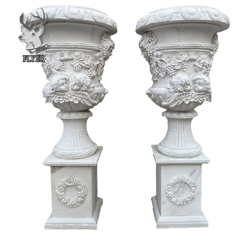 Outdoor Garden Decoration Hand Carved White Marble Flower Planter Pot Polished White Marble Flowerpot