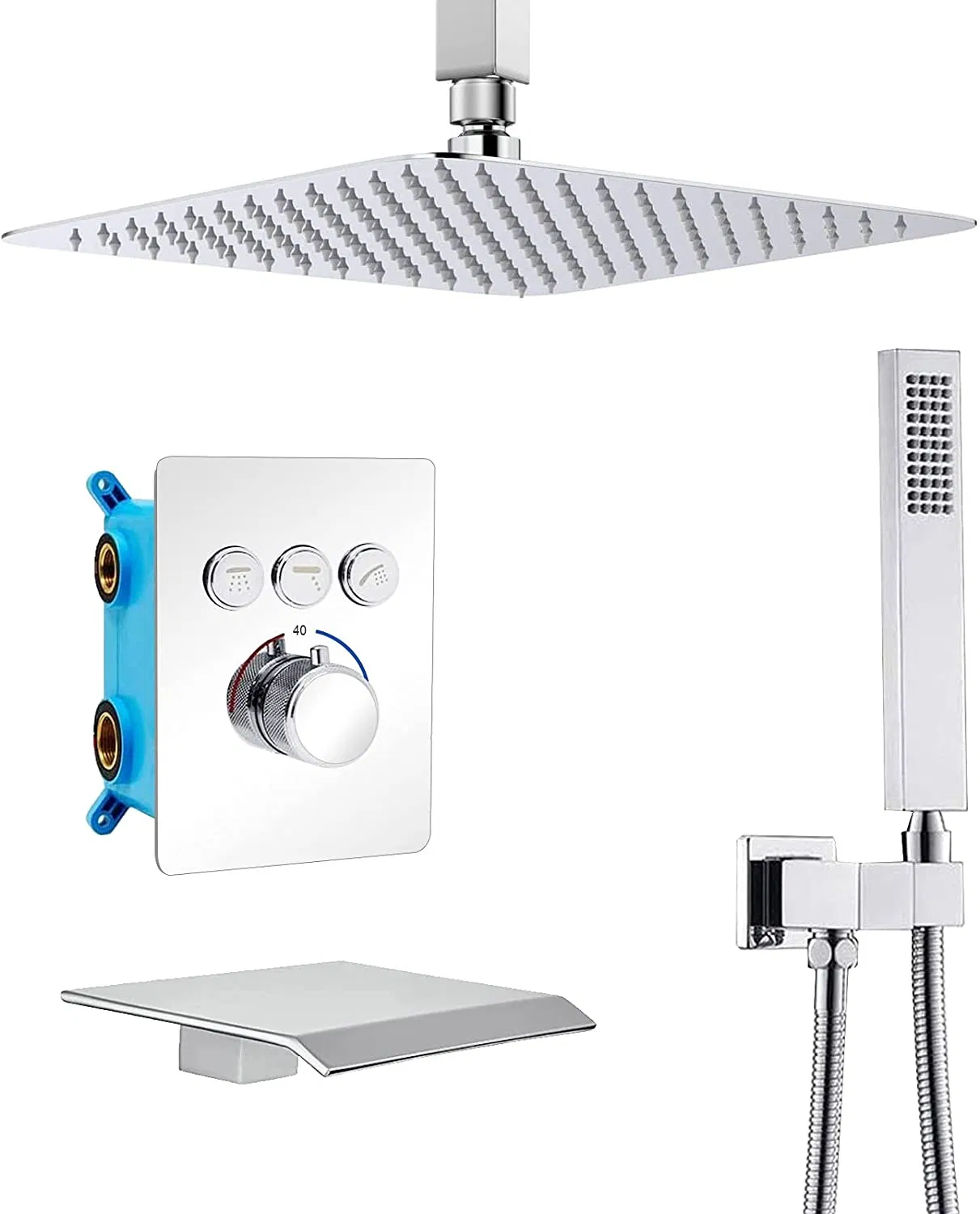 Luxury Shower Set with Waterfall Tub Spout - 12 Inch Ceiling Rain Shower Head and Handhled Spray, Bathtub Combo, Thermostatic Valve Can Use All Faucet Set
