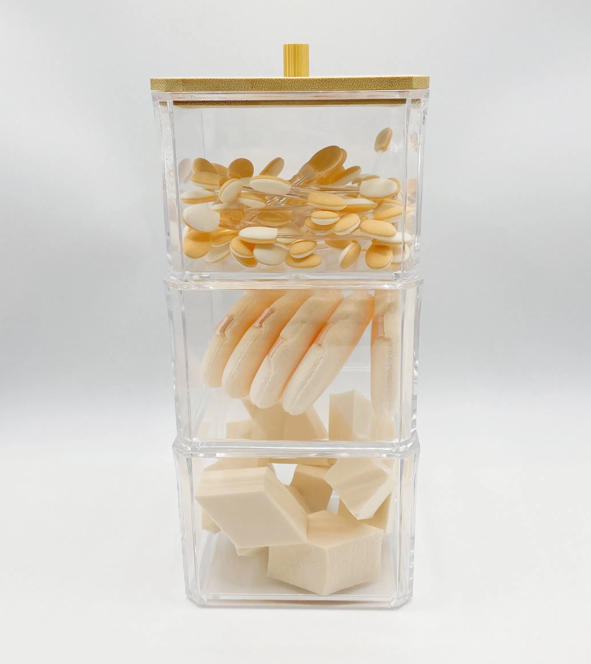 Cosmetic Powder Puffs Collection Storage Set 3 Stackable Box with Bamboo Lid