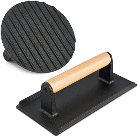 High Quality Meat Press for Steak Burgers Sandwiches Round Rectangular Shape Cast Iron Griddle Press with Wood Handle