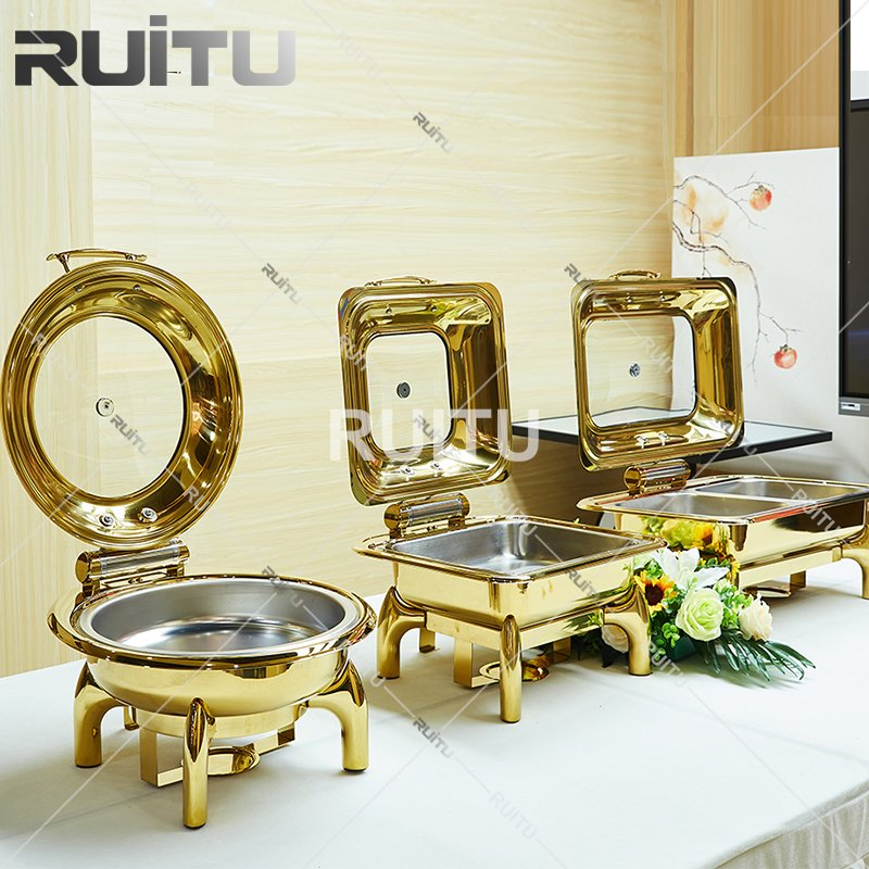 Catering Kitchenware Set Hot Pot Chafer Dishes Buffet Set Chafing Dishes Buffet Stove Food Buffet Display Warmer Hydraulic Rectangular 9L Gold Chafing Dish