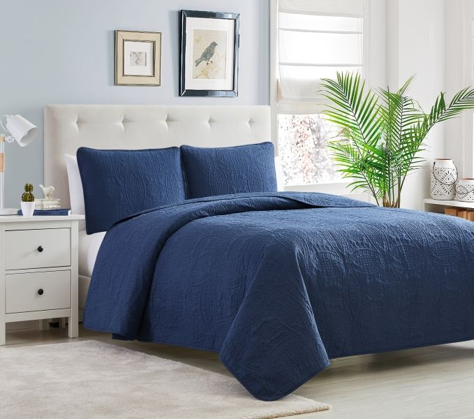 Hot Sale Luxury and Comfortable Indoor Bedding Smooth Feel Ultrasonic Soft Quilt, Coverlet Navy Blue Color