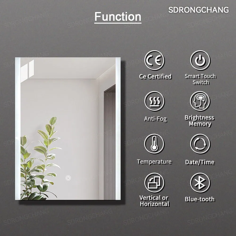 Custom High Quality Rectangle LED Wall Mounted Touch Switch Backlit Lighted Three Colors Vanity Decorative Bathroom Smart Fogless Mirror with UL CE IP44
