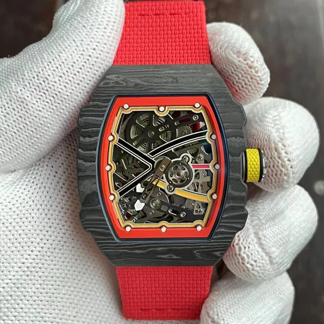 Top-Tier Replica Tonneau-Shaped Wristwatch with a Fully Skeletonized Design and Colored Bezel; a High-End Mechanical Men's Watch.
