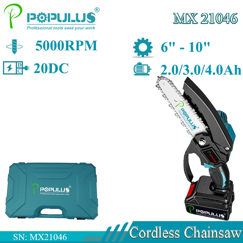 Populus Portable Chain Saws Cordless Mini 20V Rechargeable Electric Chain Saw Power Saw Mini Lithium Battery Chainsaw for Brazilian Market
