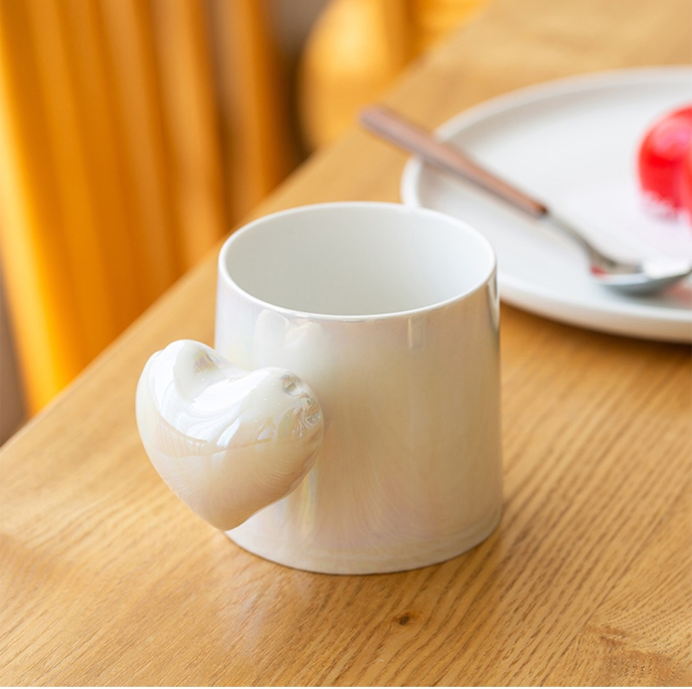 High Quality Creative Heart Shaped Handle Ceramic Mug Pearl Powder Cup