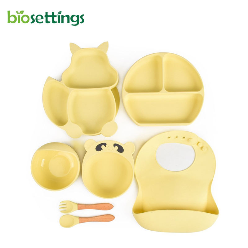 Silicone Suction Plate Fox Toddler Spoon and Fork Set with Wooden Handle Bib Spoon Fork Set Baby Bear Silicone Bowl