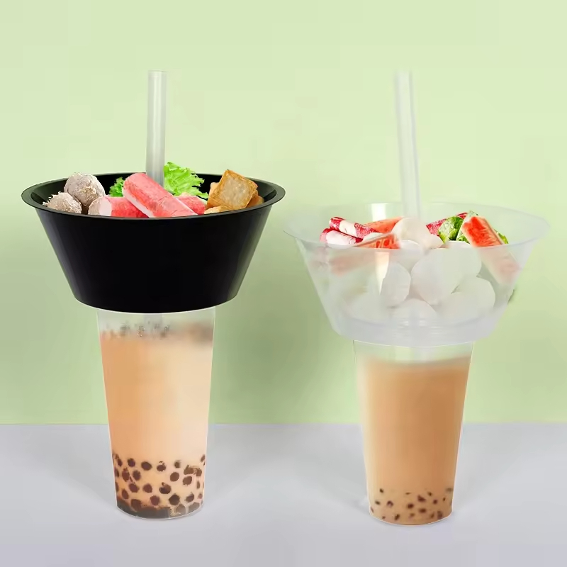 Hot Pot Cup Disposable Hotpot Plastic Cola Drink Milk Tea Cup Bowl on Top Snack Tray Lids Straw Creative Popcorn Cup with Snack Bowl Holder