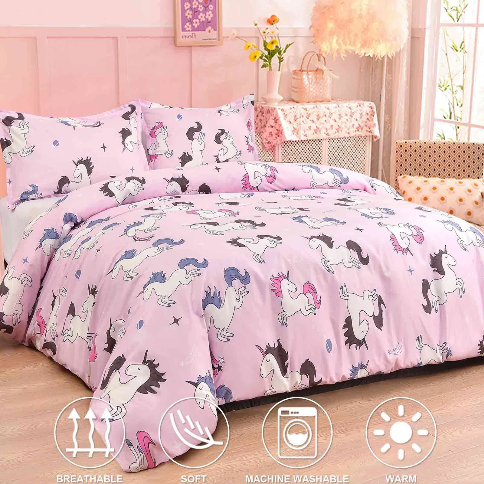 Unicorn Duvet Cover Set Girls Pink Microfiber Preppy Quilt Cover Zip Ties Bedding