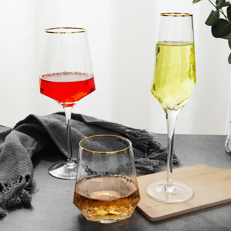 Handmade Diamond Shape Crystal Clear Glass Wine Drinking Goblet Glasses for Wedding