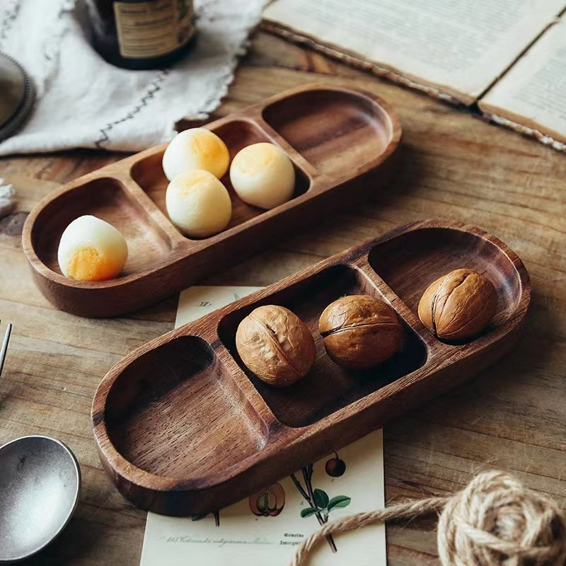 Retro Restaurant Wooden Dipping Plates Divided Three Compartments Oval Sauce Vinegar Snack Tray