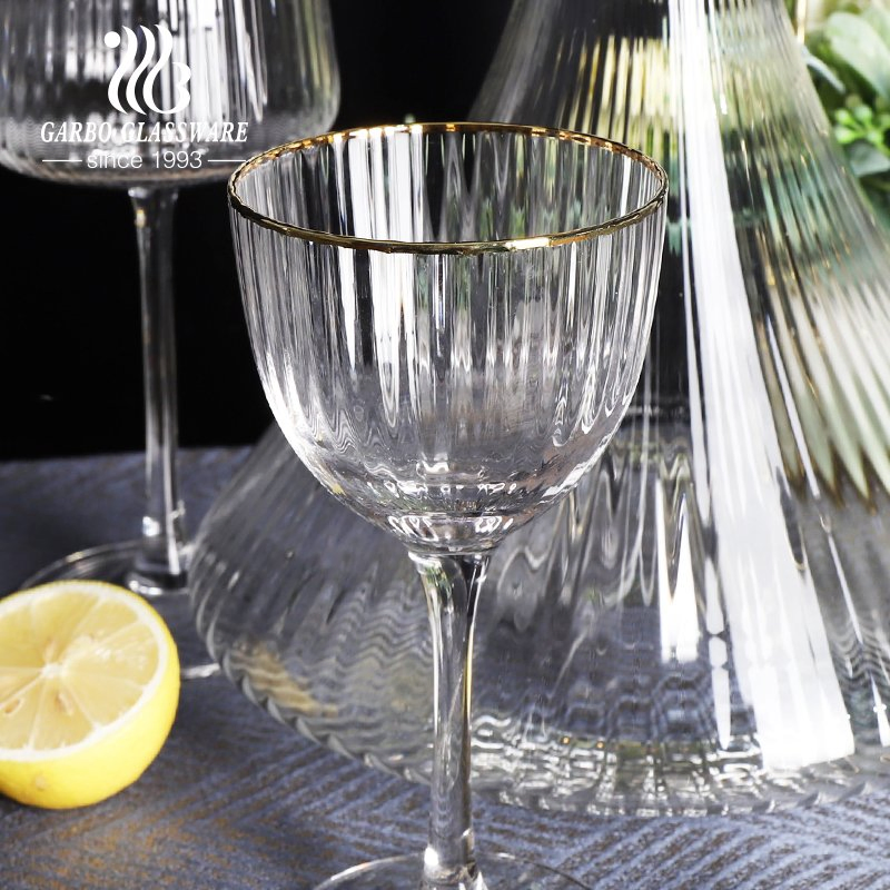 Modern Gold Rim Ribbed Glass Wine Decanter Stemware Goblet Barware Ribbed Wine Glass