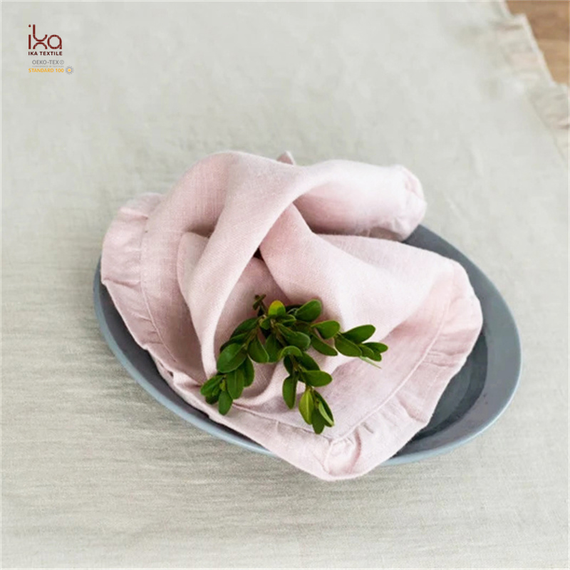 Wholesale Wedding Decoration Items Rustic Home Decor Natural White Party Dinner Ruffle Custom Printed Pure Linen Napkin with Embroidery Logo