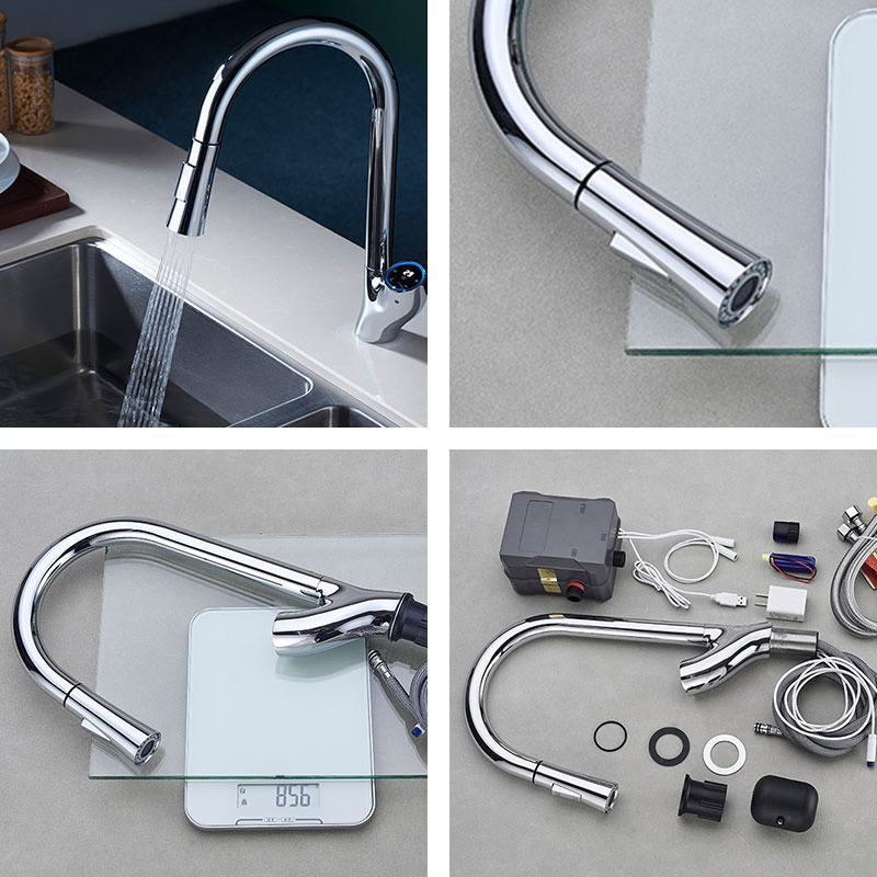 Chromed Brass Sink Mixer Sensor Flexible Kitchen Tap with Pull out Sprayer