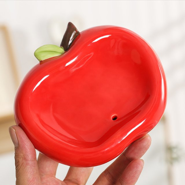 Apple Ceramic Soap Dish Bathroom Sink Soap Holder, Drainable, Non-Standing Water