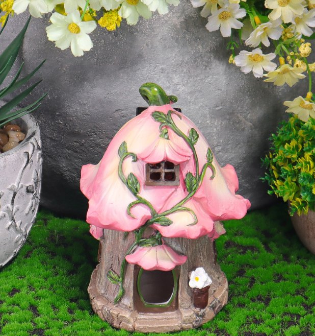 Garden Landscape Resin Mushroom Pink House with Solar Light Figurine