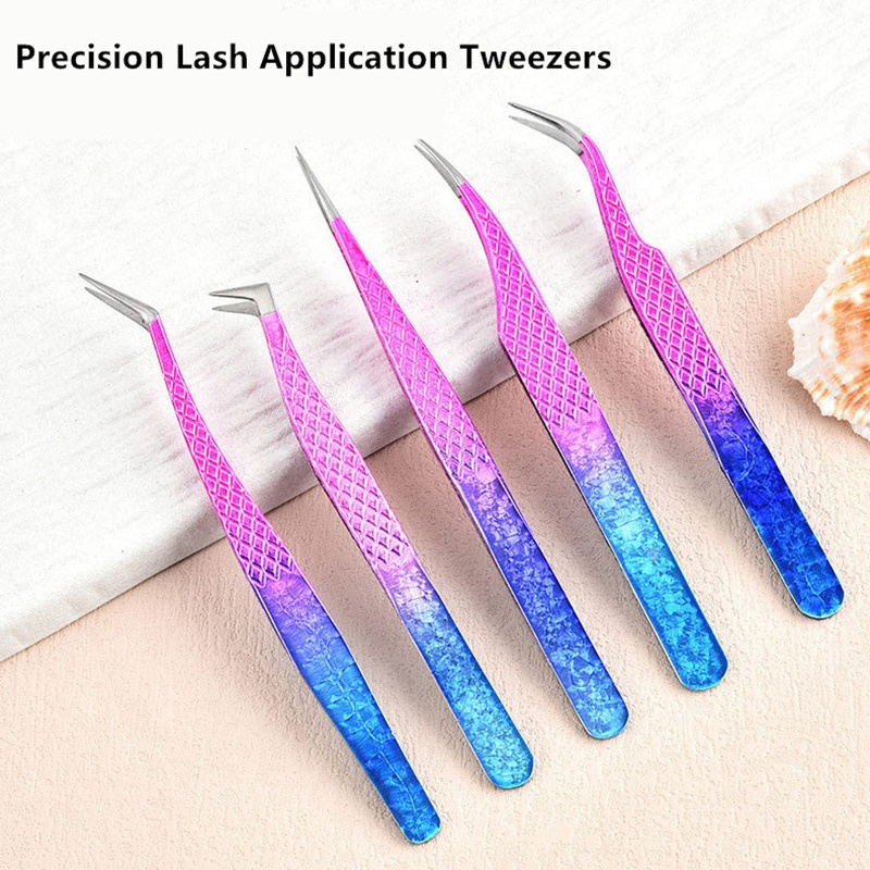 High Precision Tip Embossed Grip Metal Ergonomic Dolphin L-Shaped Lash Extension Tweezers