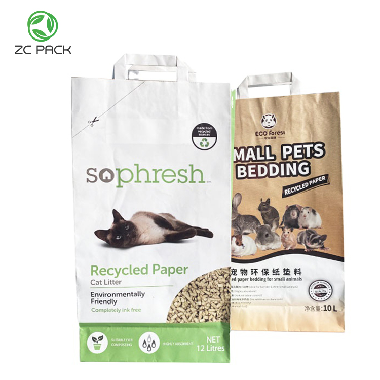 Biodegradable Reusable Food Grade Gift Garbage Promotional Shopping Paper Pouch Cat Litter Pet Food White Brown Kraft Paper Handle Bag Packaging Paper Bag