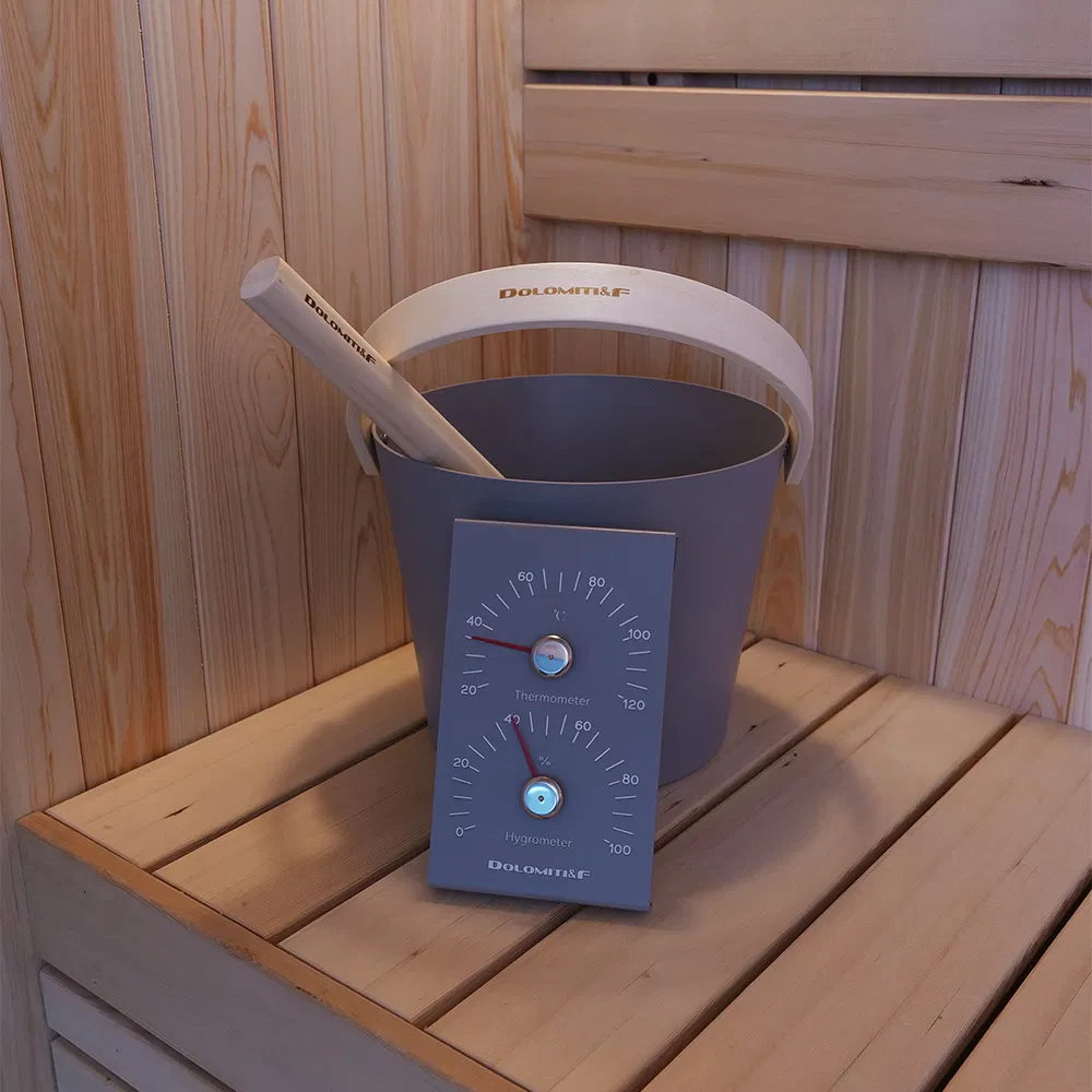 Sauna Room Accessory Set 4-Piece Bucket Ladle Thermo-Hygrometer & Timer