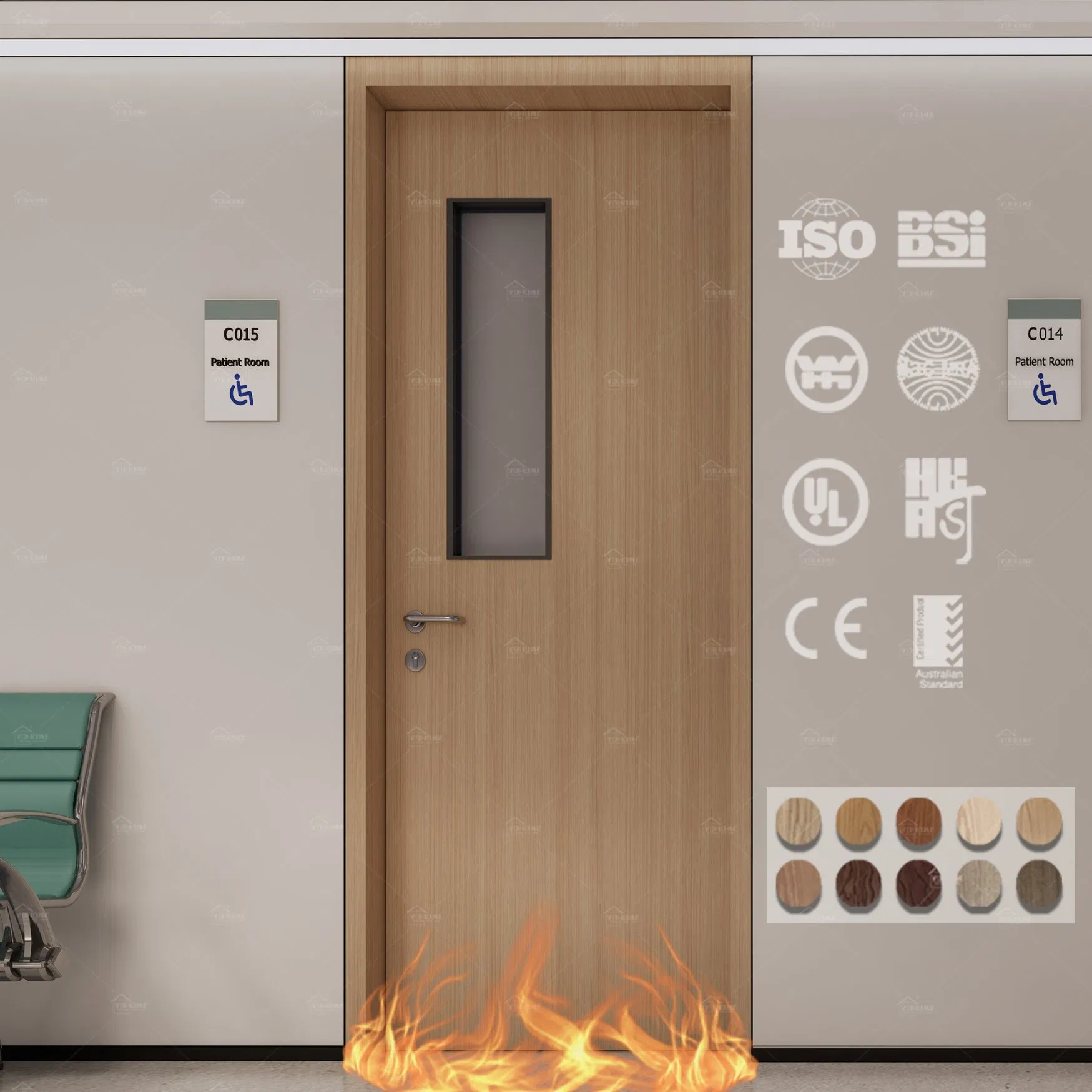 Foshan Fire Door Factory Custom Hospital Wood Fire Rated Doors as/CE/UL Fireproof Certified with Glass Hospital Room Fire Door