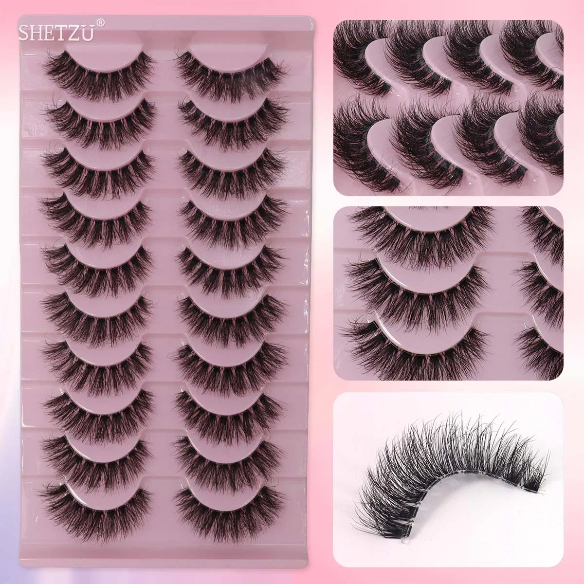 Beautichen 10 Pairs 3D Feathered Strip Lashes - Clear Rigid Band Winged Tail Eyelashes, Volume Curled for Cat Eye