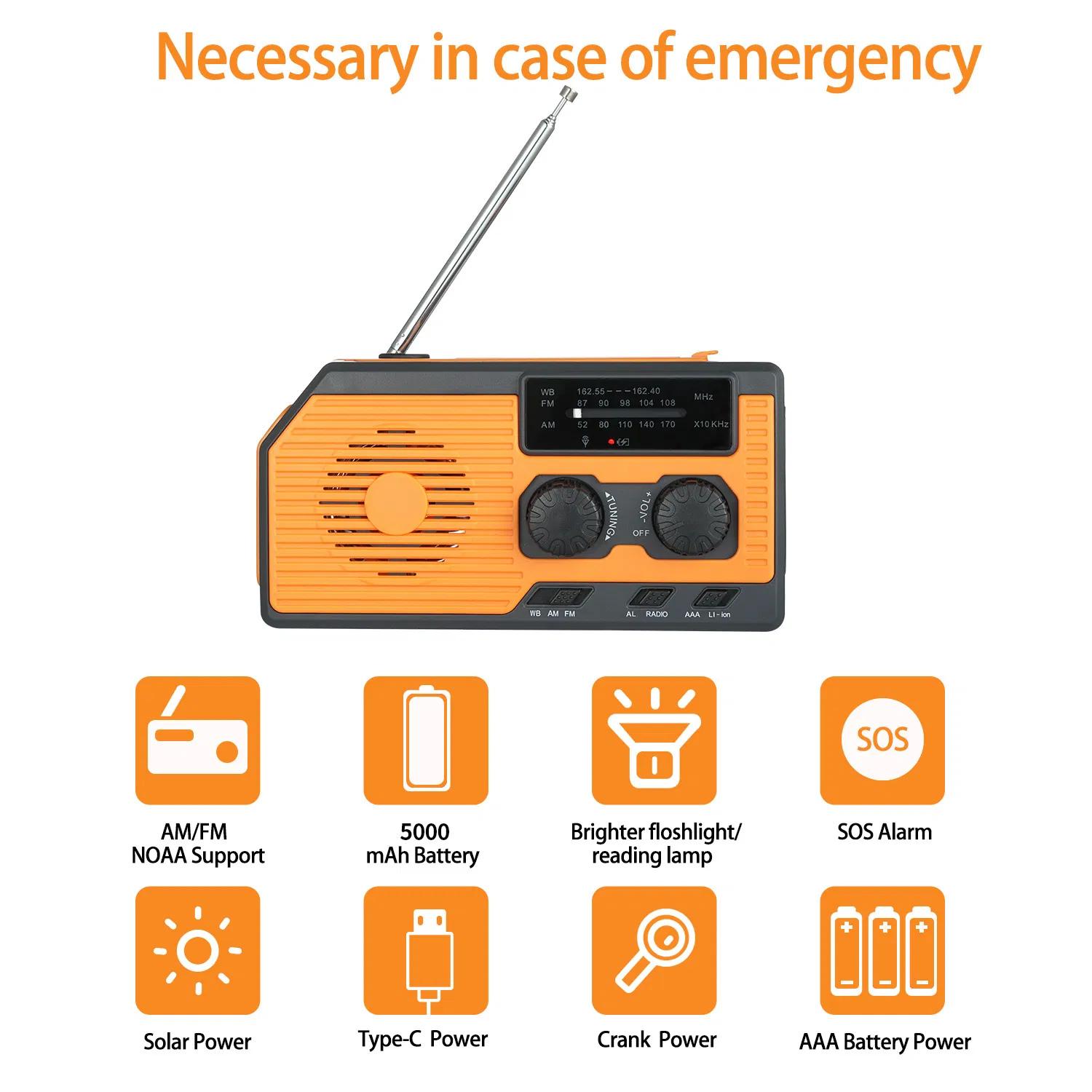 Camping Hand Crank Emergency Power Bank Solar Radio Flashlight for Survival Kit