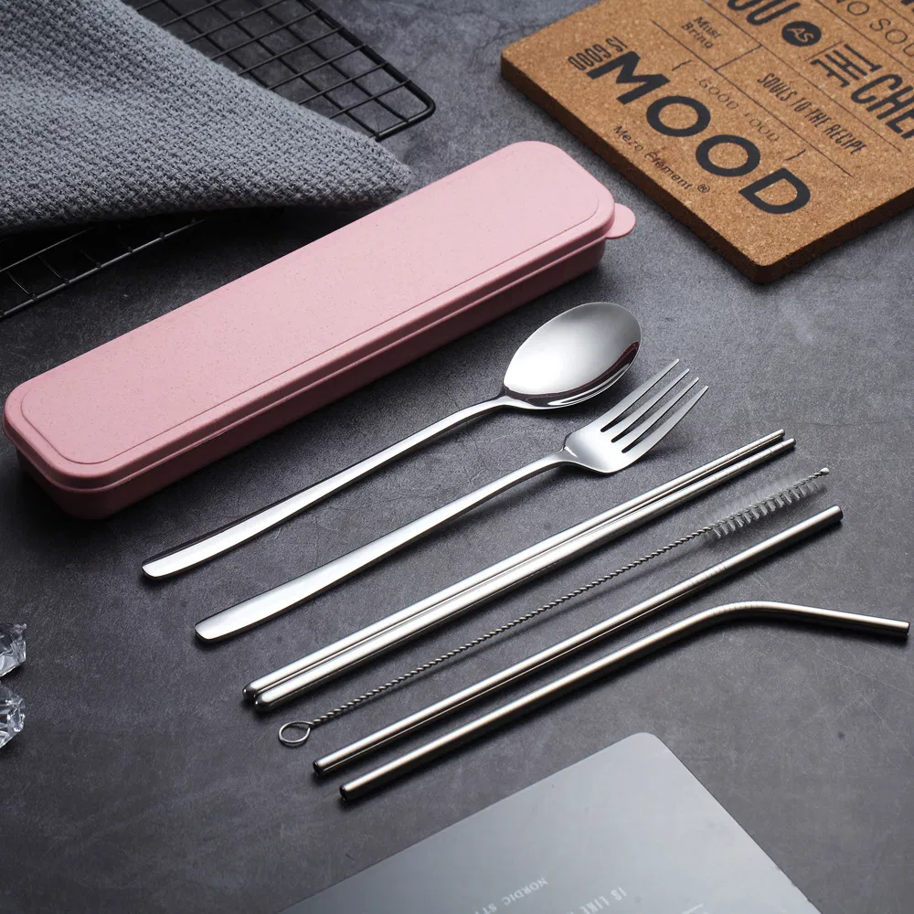 7PCS Camping Utensils Spoon Fork Chopsticks Straw Stainless Steel Travel Cutlery Set with Case