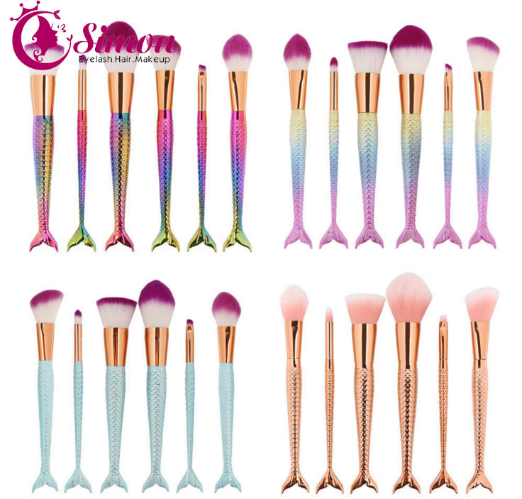 6PCS Per Set Mermaid Makeup Brush Rose Rainbow Color Mermaid Brush with Beauty Pouch