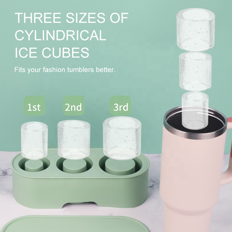Easy Release Ice Cube Tray for Tumbler Cup Reusable 3 Cavity Silicone Cylinder Ice Mold with Lid for Freezer