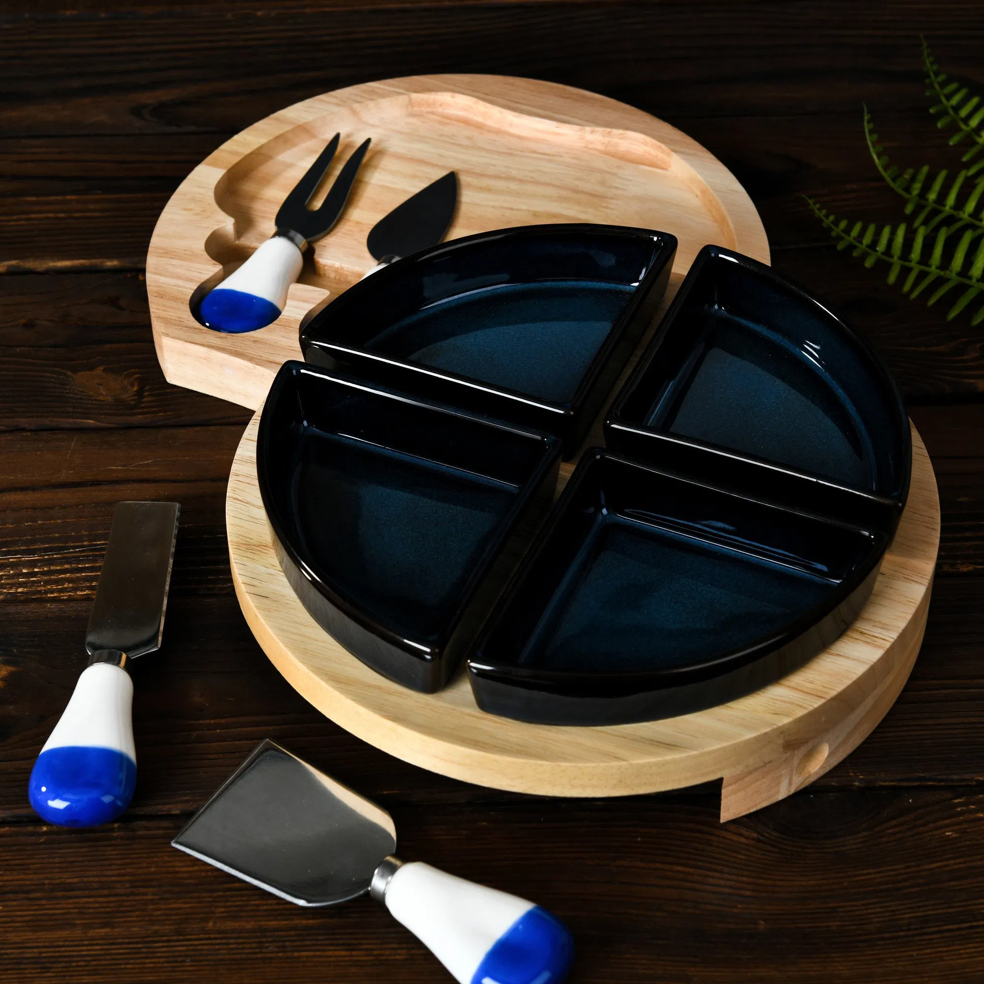 Elegant Ceramic Divided Serving Set Plates with Bamboo Tray Knife and Fork