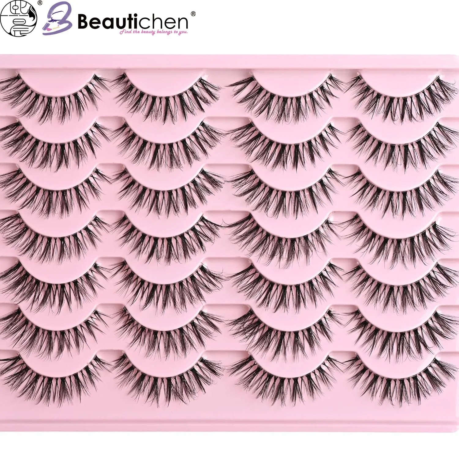 Beautichen Natural Black False Eyelashes – Voluminous & Curled Lash Set in Convenient Pink Tray for Daily and Special Occasion Makeup
