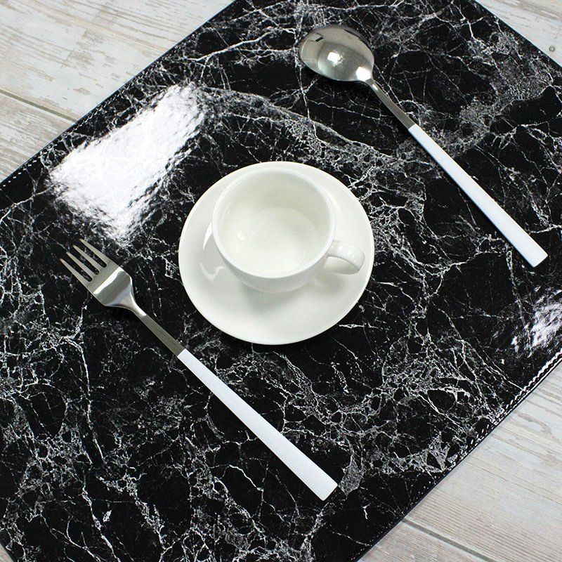 Premium Quality Large Black Marble Dining Table Mat Fadeless Printed Speed PU Placemat/Deskpad Custom Plate Mat Stock Available