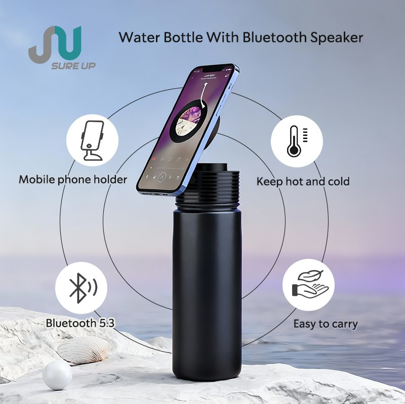 Stainless Steel Vacuum Flask with Bluetooth Speaker and Mobile Phone Holder