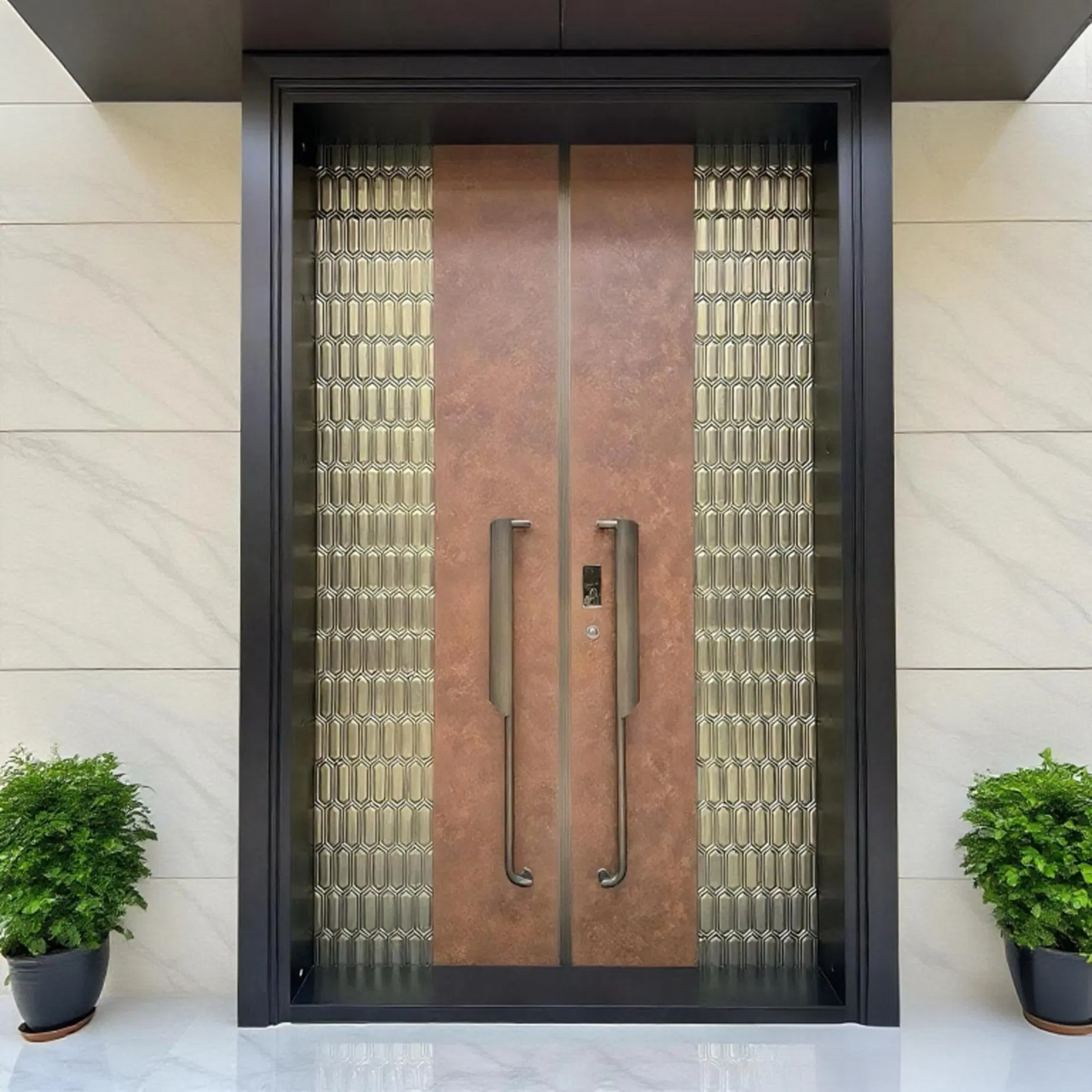 Алюминиевая двустворчатая дверь с золотым геометрическим дизайном