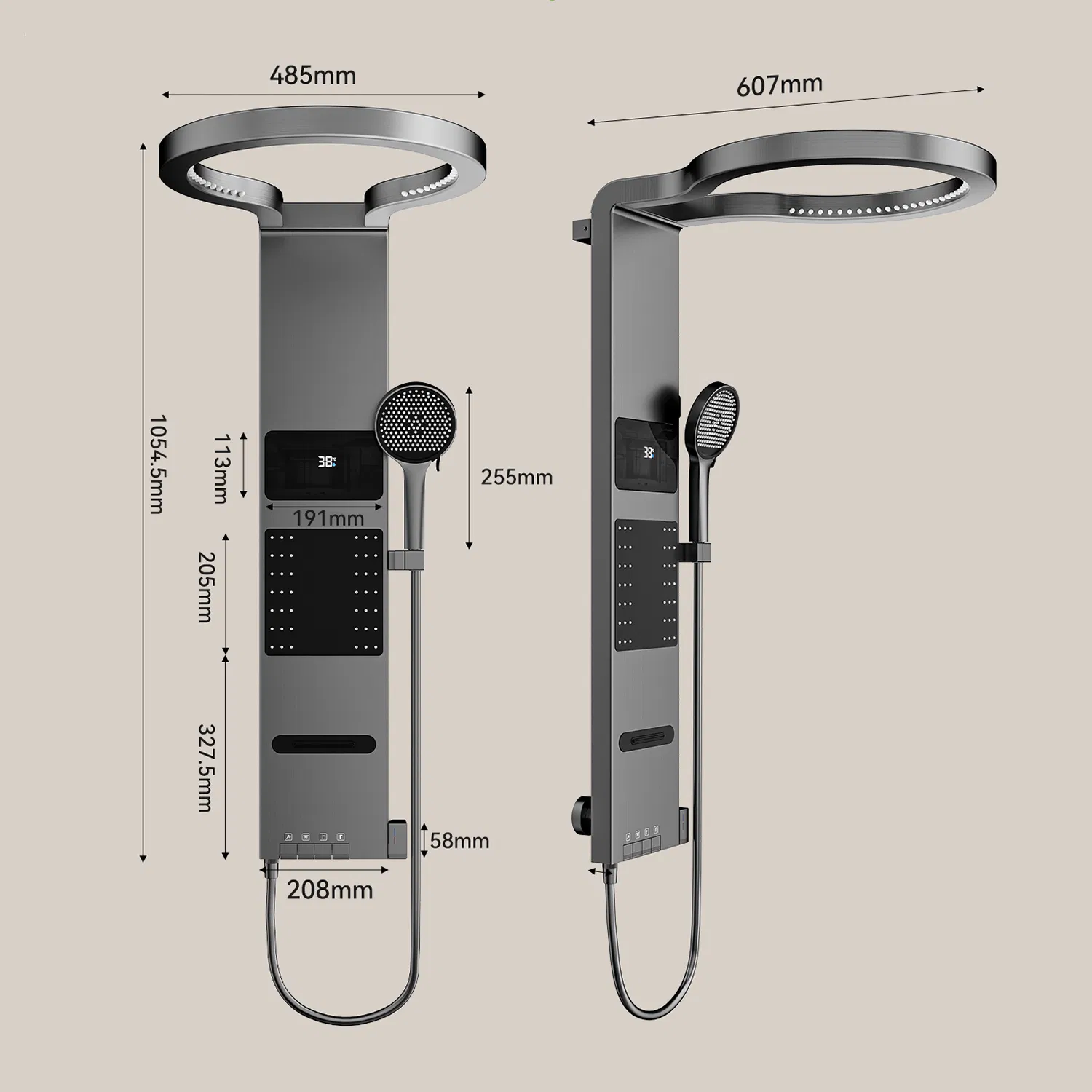 Premium Grey Aluminum Shower Tower - Wall Mounted Rainfall System with LED & Waterfall Jets