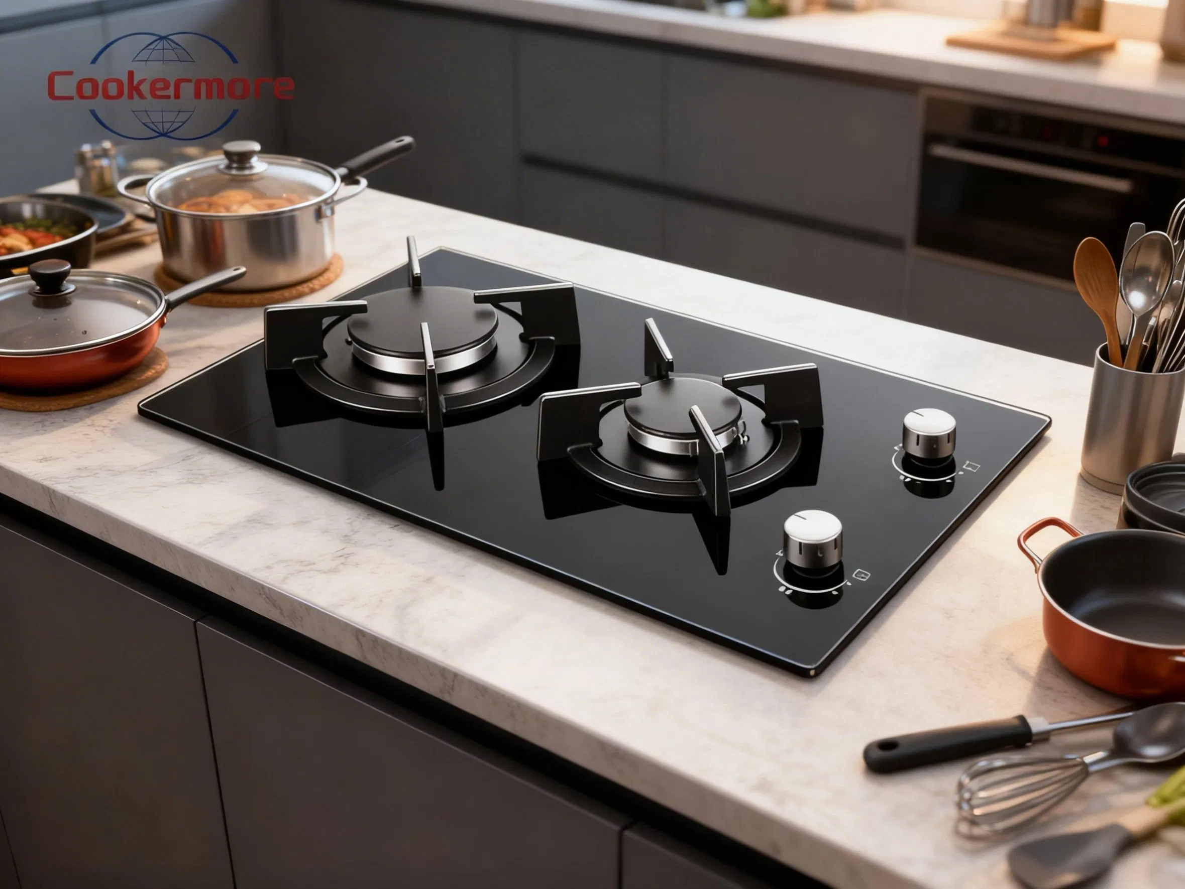 Built-in 2 Burner Propane/LPG/Natural Gas Cooktop Black Tempered Glass Electronic Ignition Flameout Protection Class Energy Gas Hob