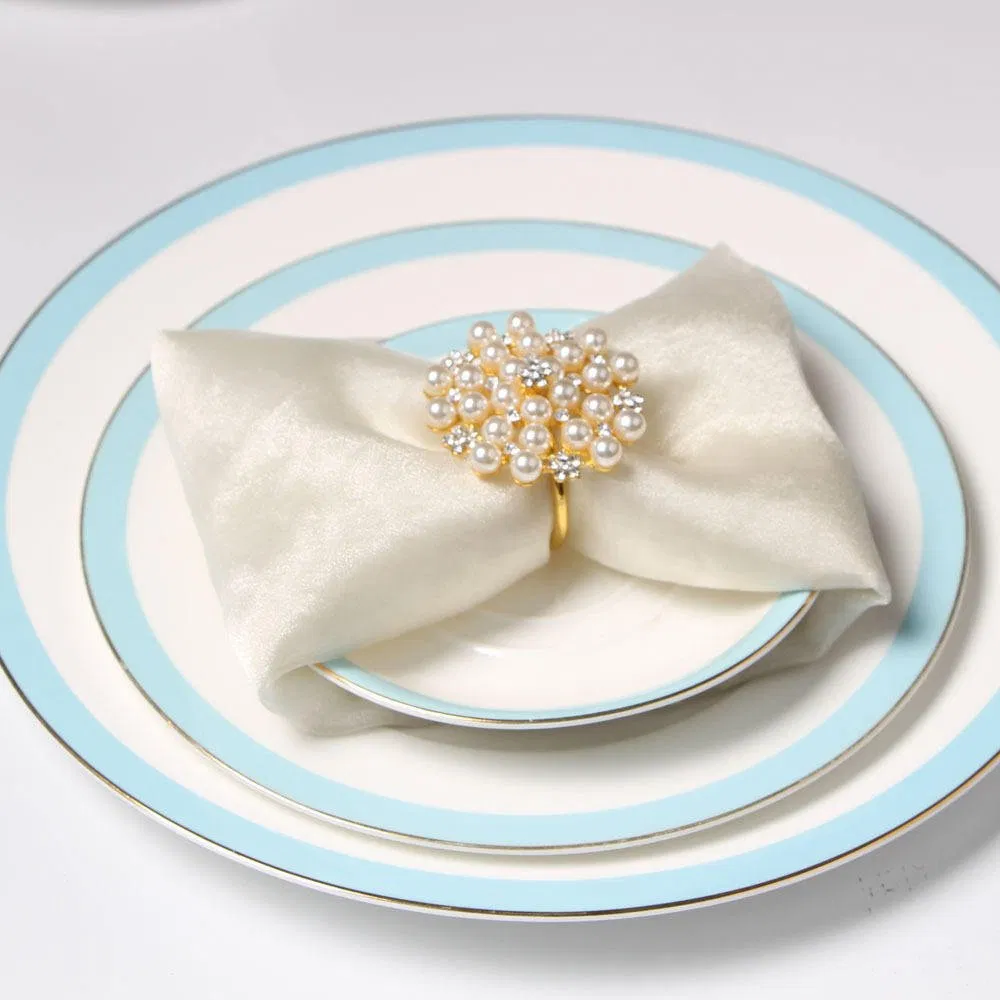 Wholesale New Style Pearl Diamond Table Decoration Gold Metal Napkin Ring for Wedding