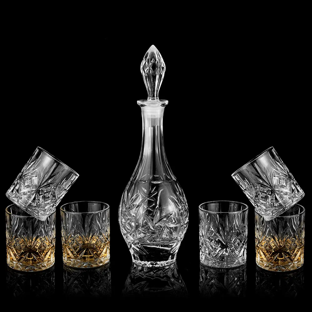 Customized Crystal Glass Whiskey Decanter Champagne Bottle Diamond Cut Mug Set