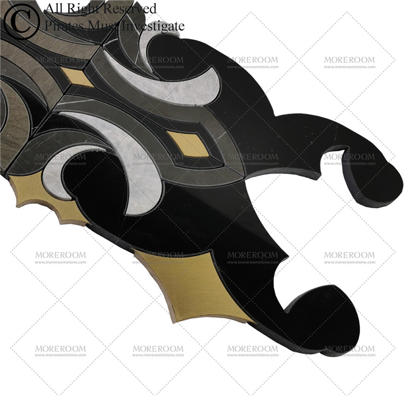 Мозаика из мрамора Water Jet Black Grey с латунной инкрустацией