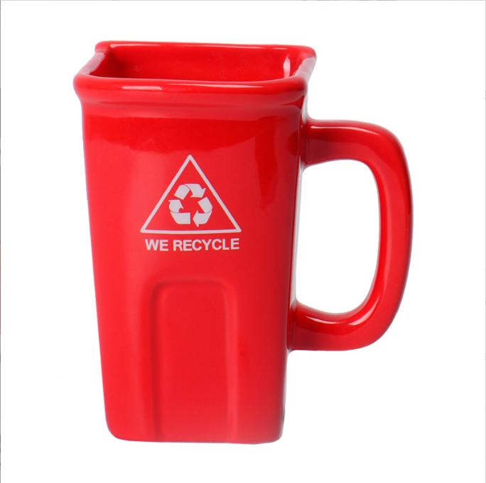 Square Garbage Can Ceramic Mug Green Recyclable Bucket Water Cup Creative Mug