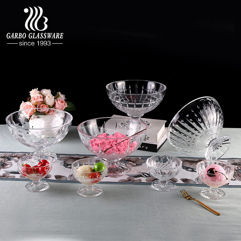 Transparent Engraved Glass Ice Cream Cups and Fruit Salad Bowl Glassware Set