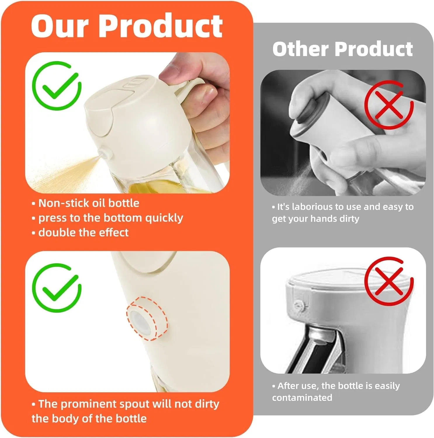 DS-2646OR Kitchen Gadget 2 in 1 Olive Oil Dispenser and Oil Sprayer 16 Oz Olive Oil Bottle, Orange Color Oil Sprayer for BBQ