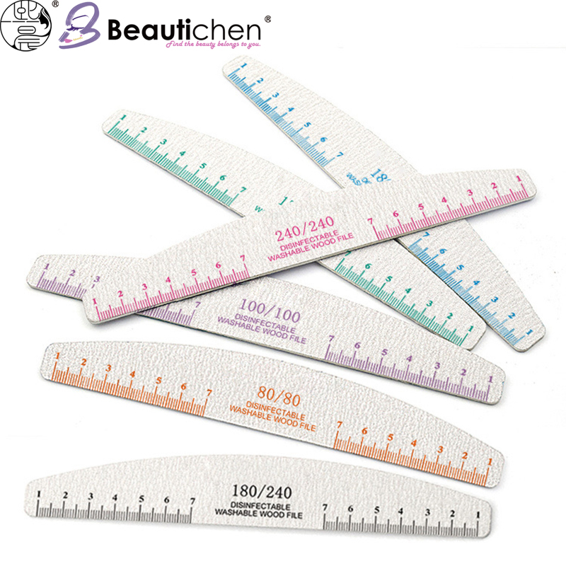 Beautichen Washable Disinfectable Wooden Nail Files – Multi-Grit (80/80, 100/100, 180/240, 240/240) Half-Moon Emery Boards for Professional Use