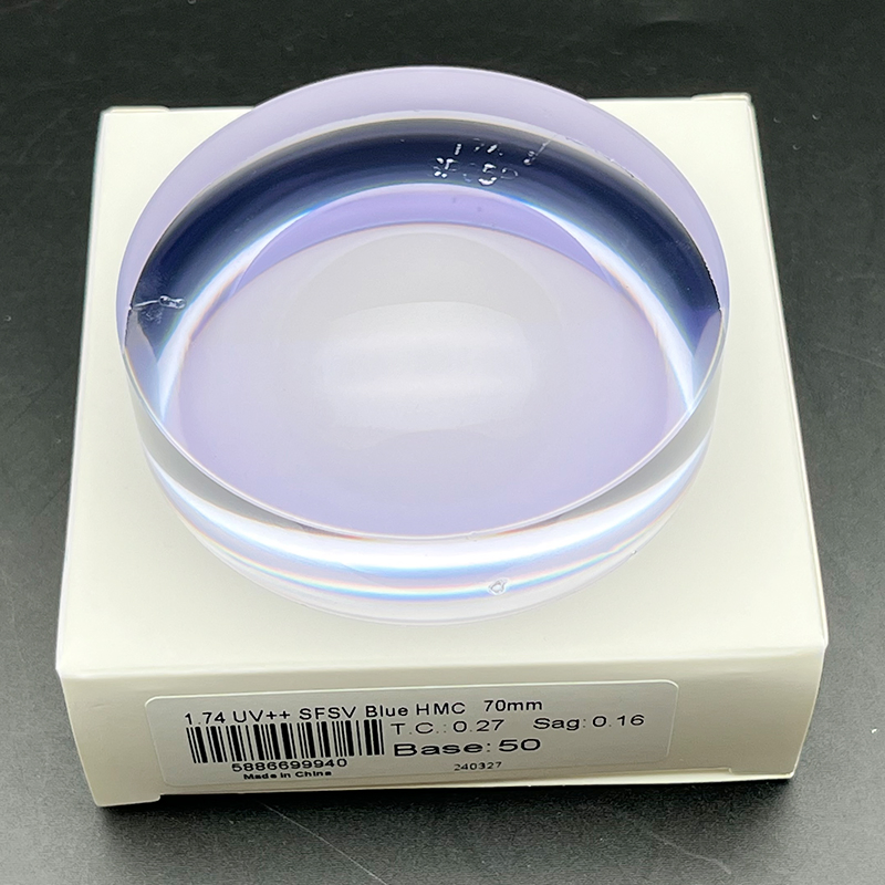 High Index 1.74 Semi-Finished Single Vision UV++ Blue Hmc Optical Eyeglasses Lens