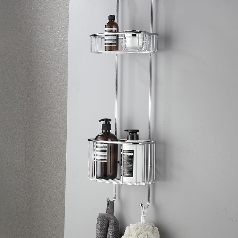 Stainless Steel Shower Room Hanging Basket 2 Tier Bathroom Shelves with Hooks