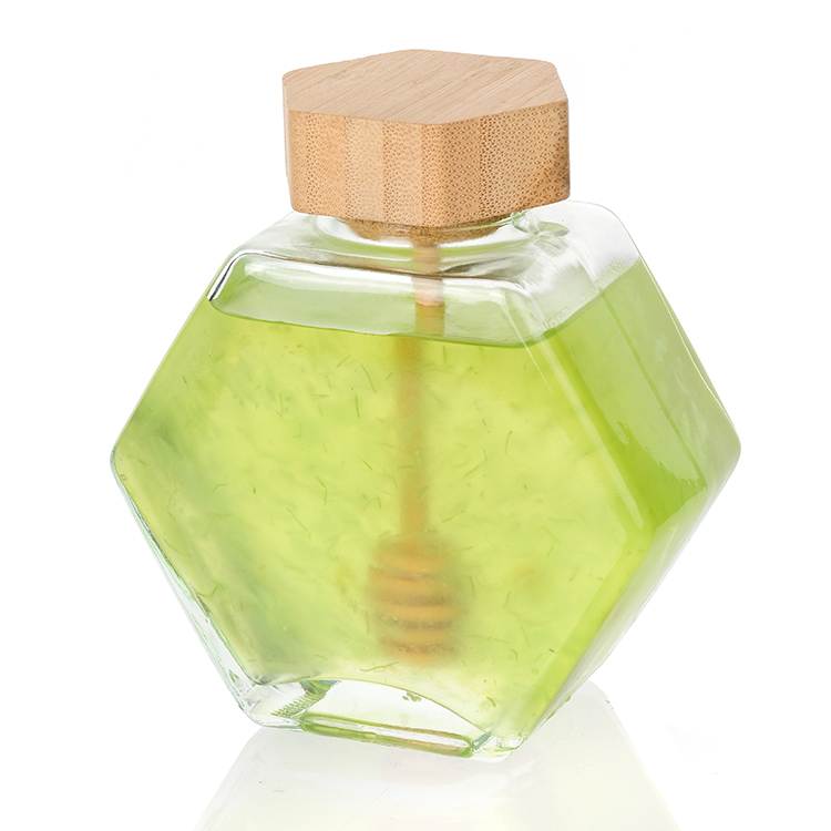 Factory Wholesale 250g 350g 500g Hexagon Bee Shaped Glass Honey Jar with Logo Printed