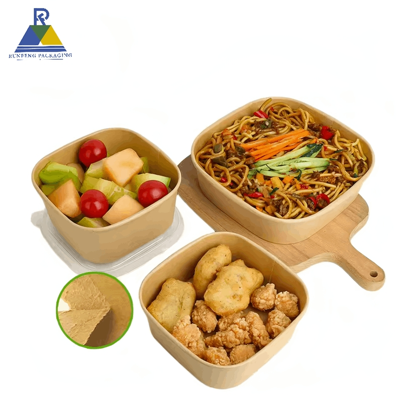 Salad Square Paper Bowl with Kraft Paper, Customized Logo Leakage Proof Lid